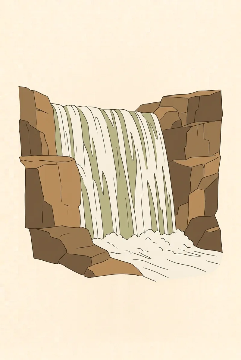 Tegnet illustrasjon av Sarpsfossen i Sarpsborg, fossen midt i byen