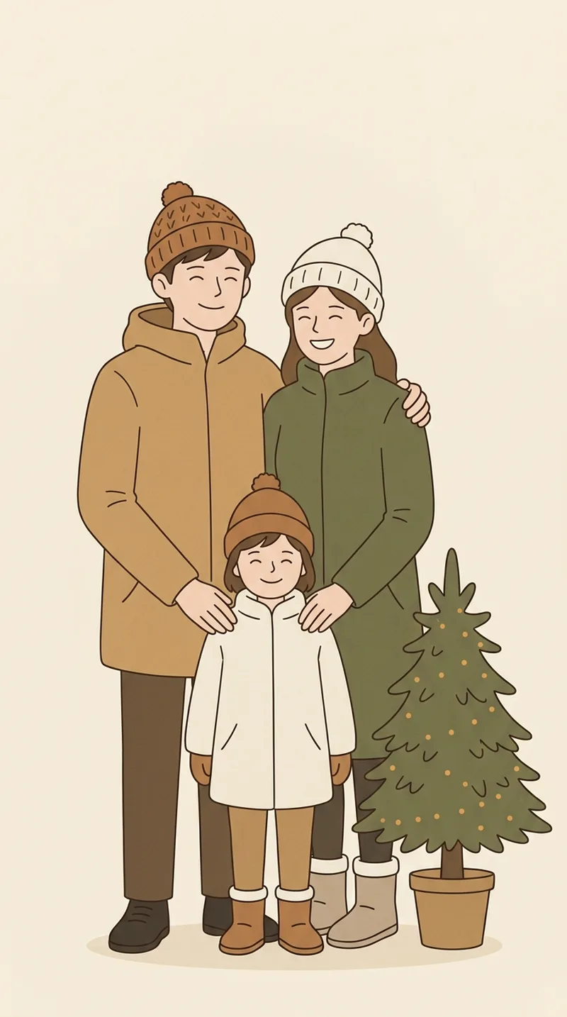 Tegnet illustrasjon av en familie i vinterklær ved et lite juletre