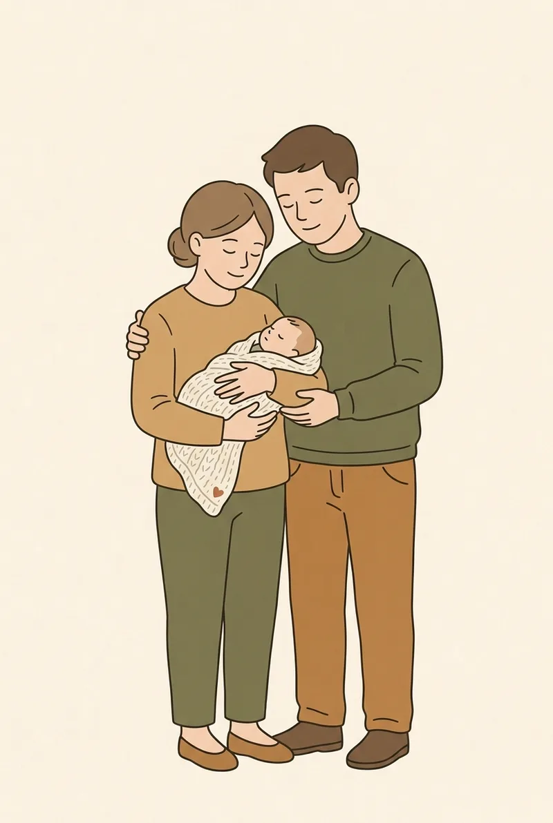 Tegnet illustrasjon av en nybakt mor som holder babyen sin hjemme