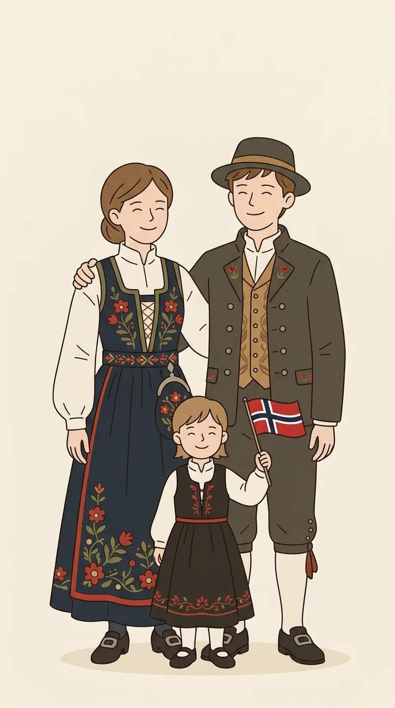 Tegnet illustrasjon av en familie i bunad med norsk flagg